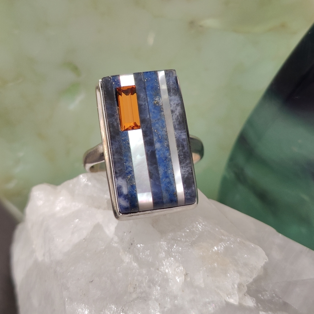 Natural Lapis Lazuli, Pearl & Citrine Ring .925 sz 9 - Picture 10 of 12